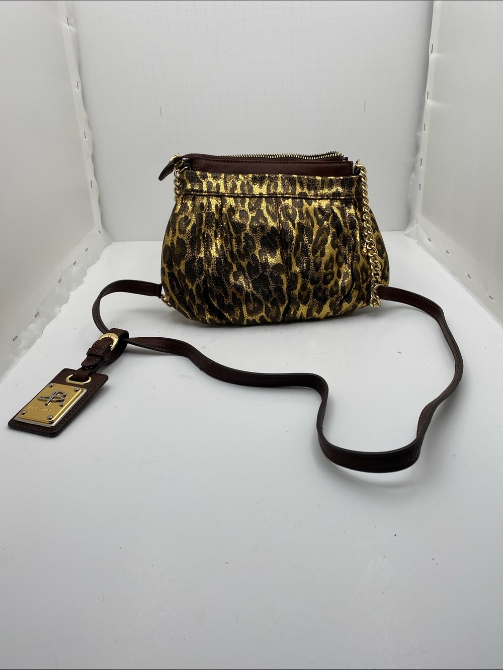 b. makowsky Gold Leopard Print Crossbody with Brown Trim